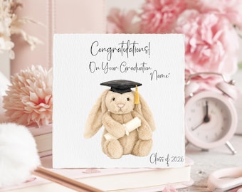 Personalised Graduation Bunny Card, Watercolour Design, Class of 2026, Congratulations Card