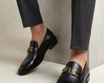 メンズ ハンドメイド レザーシューズ、ブラック スリッポン ファッション ローファー ブーツ
