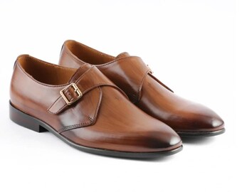New Handmade Brown Luxury Dress Office Single Monk Strap Leather Shoes For Men