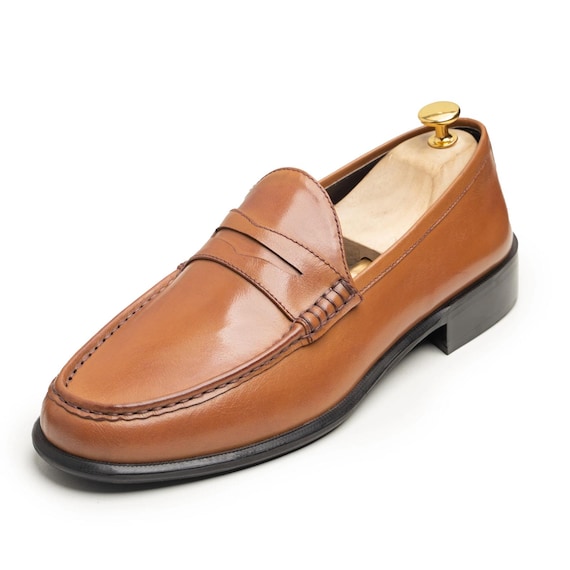Men Handmade Shoes Tan colour Genuine Leather Penny Loafers Formal Dress Shoes
