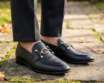 Mocassini da uomo in pelle nera con morsetto, scarpe eleganti slip-on fatte a mano