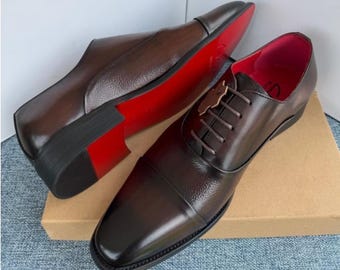 Handmade Brown Leather Oxford Shoes with Red Sole – Luxury Men’s Dress Shoes