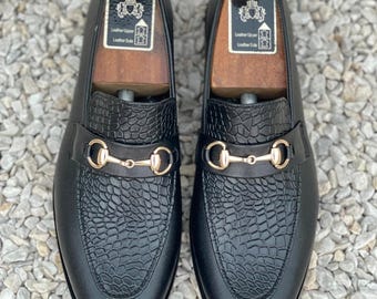 Men Handmade Black Croc Embossed Leather Moccasin Shoes Slip On Formal Dress Loafers