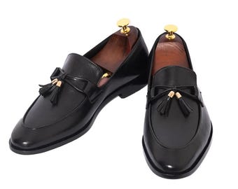 Handmade Mens Leather Moccasins Shoes Slip-On Men Black Leather Tassels Shoe