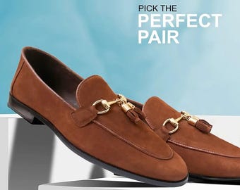 Handmade Brown Tasselled Suede Leather Slip On Office Formal Dress Shoes For Men