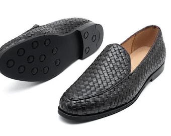 Mocasines de cuero negro tejido a mano: Zapatos de vestir de lujo para hombre