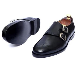Men's Black Leather Monk Strap Shoes | Handmade Double Monk Dress Shoe | Classic Formal Footwear