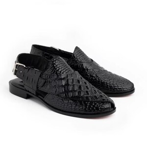 Handmade Black Embossed Crocodile Leather Peshawari Sandals – Men’s Leather Traditional