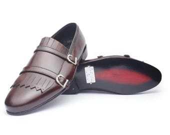 Handgefertigte Monk-Schuhe aus braunem Leder, Fransen-Detail, formelle Herrenschuhe