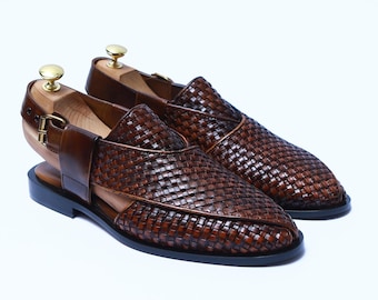 Handmade Brown Leather Peshawari Sandals | Woven Pakistani Shoes