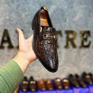Handmade Brown Crocodile Pattern Horsebit Loafers for Men | Luxury Slip-On Leather Dress Shoes