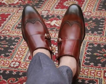Handgefertigte Burgunder Leder Double Monk Loafers | Herren zweifarbige Anzugschuhe
