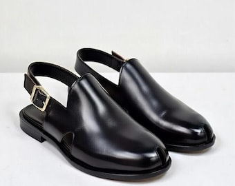 Handgemaakte zwarte leren peshawari-sandalen | Pakistaanse Chappal