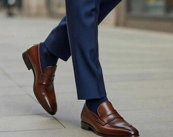 Mocassins penny en cuir marron faits main : chaussures habillées classiques pour hommes