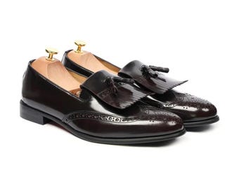 Handmade Brown Leather Tassel Loafers for Men – Wingtip Brogue Slip-On Formal Dress Shoes