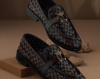 Handmade Brown Woven Leather Loafers | Men's Italian Style Dress Shoes