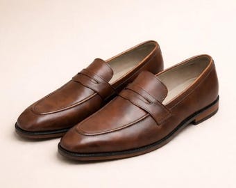 Handmade Men Brown Leather Moccasins, Formal Slip On Party Shoes, Dress Shoes