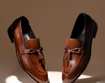 Handmade Brown Leather Tassel Loafers for Men | Classic Formal Dress Shoes
