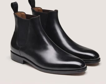 Men's Handmade Italian Black Leather Chelsea Goodyear Welted Formal Ankle Boot.