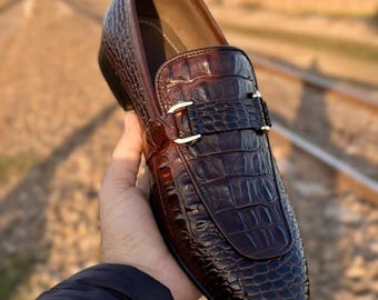Zapatos de vestir auténticos para hombre, zapatos casuales sin cordones de piel de cocodrilo repujada.
