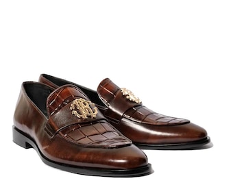 Mocassins faits main en cuir marron gaufré effet croco | Chaussures de bureau habillées pour hommes