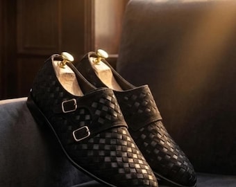 Handmade Brown Woven Leather Monk Strap Shoes | Men Custom Formal & Wedding Shoes