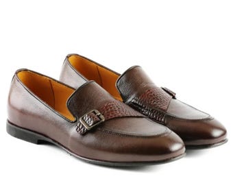 Handmade Full Grain Leather Monk Strap Shoes - Brown Loafers Dress Shoes