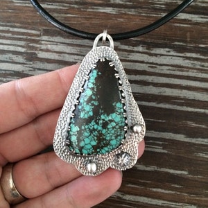 Natural Cloud Mountain Spiderweb Turquoise Statement Pendant Hammered 925 Sterling Silver - Leather Choker Metalsmith Jewelry Gift for Her