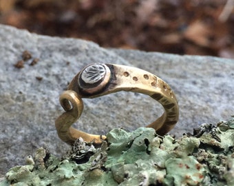 Rustic Gold Brass Snake Serpent Ring w/ Sterling Silver Accents - Unisex Mens / Womens Ring Size 8.5 - Unique Modern Viking / Celtic Jewelry