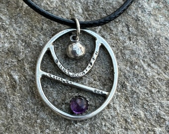 Abstract Purple Amethyst Pendant on 18" Black Necklace - 925 Sterling Silver Kinetic Jewelry Unisex February Birthstone