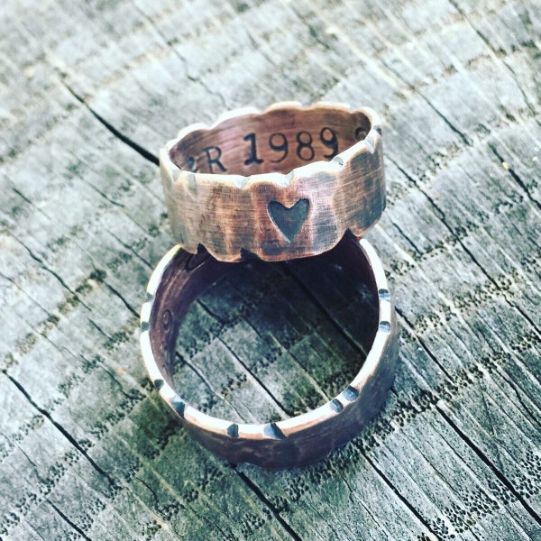 His & Her's Copper Wedding or Anniversary Rings - Custom Stamped Rustic Copper Band - Distressed Tribal / Celtic Unisex Jewelry