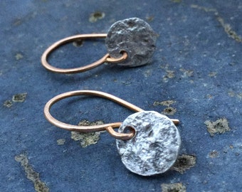 Small Silver Disc Earrings - Dainty Everyday Unique Textured Sterling Silver Nugget Drop Earrings - Mixed Metal Jewelry Gift for Her