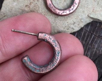 Small Rustic Copper Hoops for Men - Industrial Chunky 12mm Earrings w/ Turquoise Patina - Minimalist Jewelry for Everyday Wear