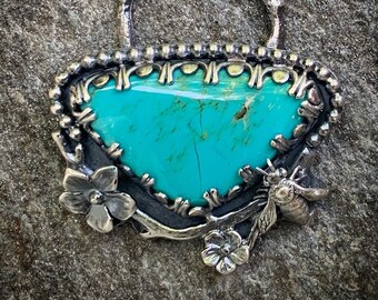 Campitos Turquoise Pendant w/ Botanical Flower / Twig / Honeybee - Unique Statement Necklace - December Birthstone Artisan Jewelry for Her