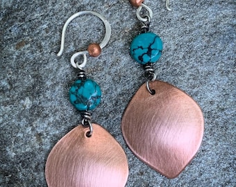 Copper Aspen Leaf Earrings w/ Natural Hubei Turquoise - 925 Sterling Silver Mixed Metal Jewelry Gift - 7th Anniversary December Birthstone