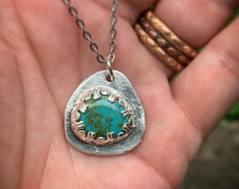 Sterling Silver Nugget Pendant w/ Natural Turquoise - Stamped "Love" on Back - Unique Artisan Jewelry Gift for Her - December Birthstone