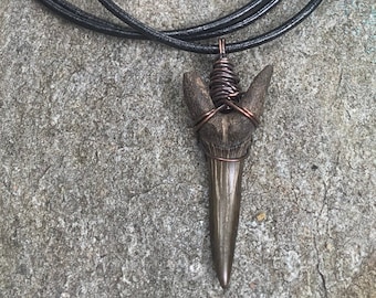 Large Goblin Shark Tooth Fossil Pendant Wire Wrapped in Copper w/ Black Leather Necklace - Simple Tribal Jewelry Gift for Men or Women