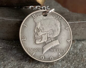 Tramp nickel 1964 Kennedy decorative skull Coin Necklace unusual man gift birthday gift 27 chain Tramp nickel 1964 Kennedy decorative skull Coin Necklace unusual man gift birthday gift 27 chain