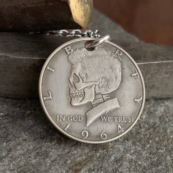 Carved Skull Coin Pendant w/ 20" Stainless Necklace John F Kennedy 1964 Silver Half Dollar -JFK Skull Hobo "Nickel" - Unique Jewelry For Men