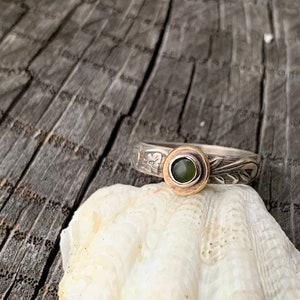 Wyoming Jade Stacking Green Stone Ring - Mixed Metals Gold Brass & Sterling Silver Floral Botanical Jewelry Gift - Spring Fashion