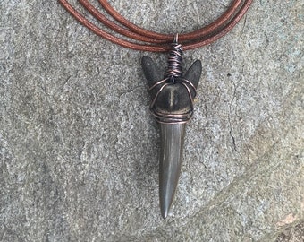 Large Goblin Shark Tooth Fossil Necklace Pendant Wire Wrapped in Copper on Adjustable Brown Leather - Unisex Jewelry Gift for Men or Women
