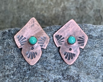 Kingman Mine Turquoise Studs w/ Rustic Copper Earrings - 7th Anniversary Gift for Her - Unique Everyday Wear Jewelry - December Birthstone