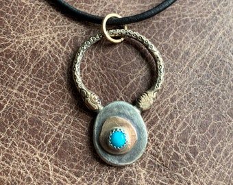Unique Kingman Mine Turquoise Pendant - Mixed Metals Sterling Silver w/ Gold Bronze w/ Black Leather Necklace - December Birthstone Jewelry