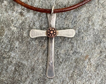 Unique Cross Pendant for Men or Women - 925 Sterling Silver w/ Copper or Bronze Accent - Christian Gift Baptism, Wedding, Missionary, Pastor