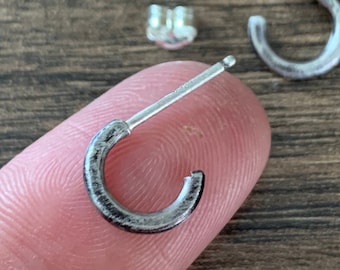 Tiny 8mm Post Hoop Stud Earring Pair - Oxidized Sterling Silver Ear Hugger Hoops - Unisex for Men or Women - Minimalist Rustic Jewelry