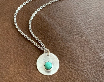 Small Dainty Turquoise December Birthstone Disc Pendant in 925 Sterling Silver - Kingman Mine Genuine Untreated Gemstone Jewelry Gift