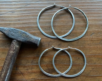 Unique Hand Forged Sterling Silver Hoop Earrings - Rustic Silver Hoops - Classic Chunky / Hammered Rustic BOHO Everyday Wear Jewelry