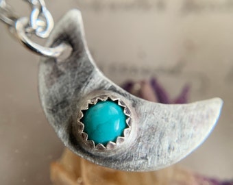 Crescent Moon Sterling Silver & Kingman Mine Genuine Turquoise Dainty Pendant - December Birthstone Jewelry Gift for Her