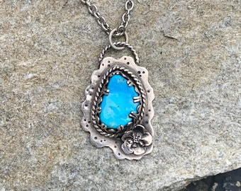 Natural Old Stock Morenci Turquoise Pendant w/ Forget Me Not Metalwork Flower in 925 Sterling Silver - Unique 17th Birthday Gift Jewelry