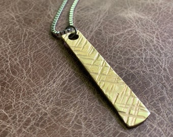 Men's Mixed Metal Bar Necklace - Gold Brass & Silver Stainless Steel Minimalist Pendant w/ Unique Texture - Unique Jewelry Gift for Him